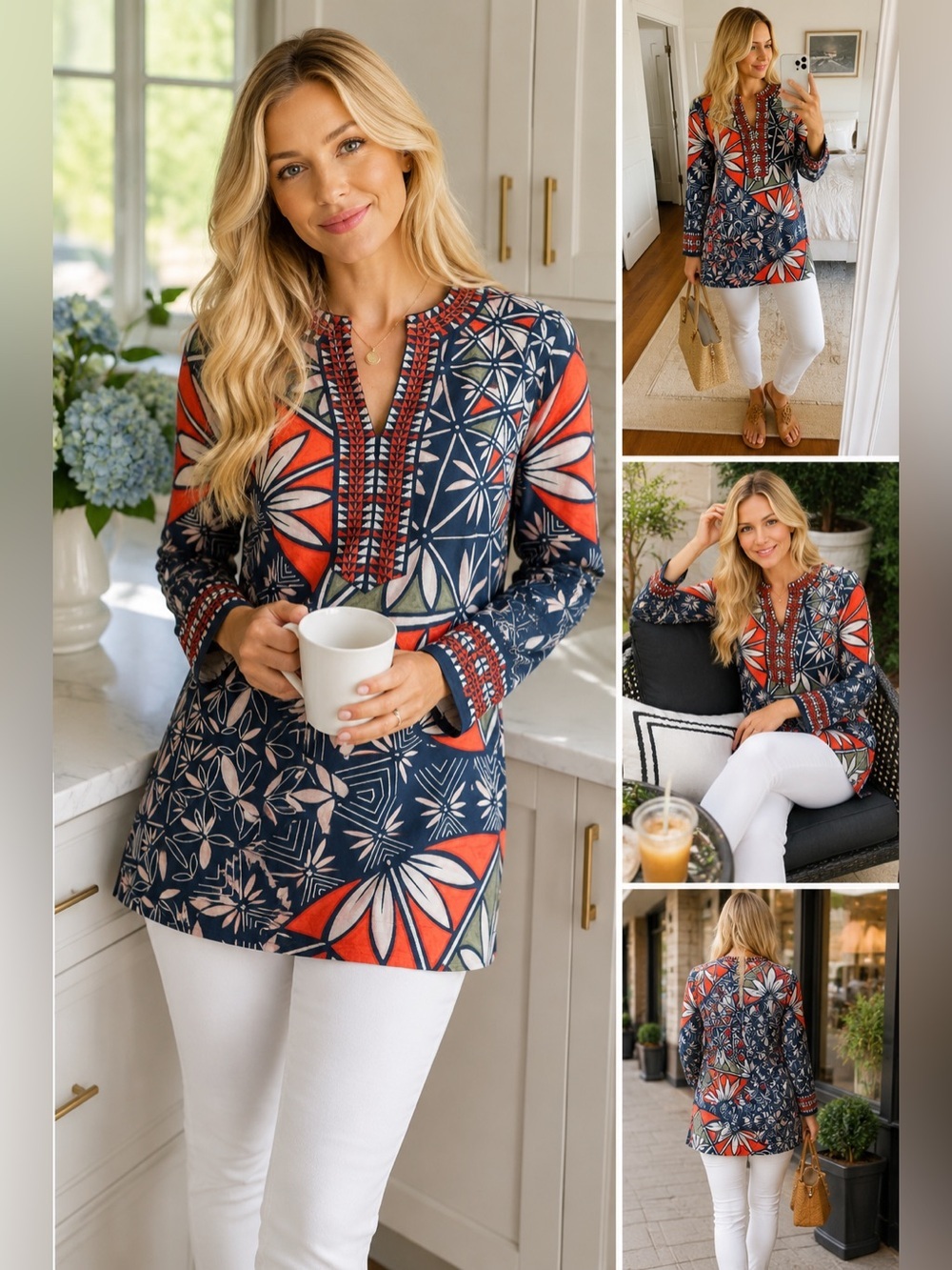 Tory Burch Navy & Orange Floral Split-Neck Tunic